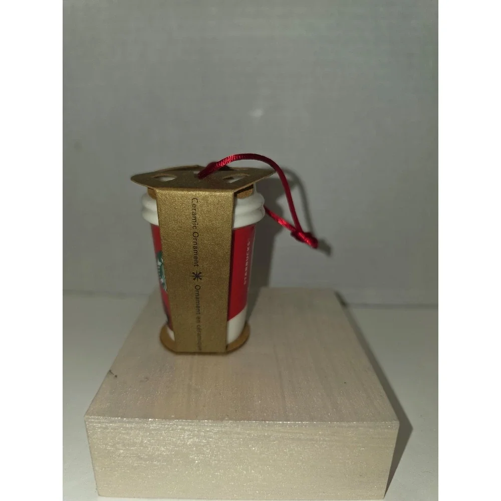 2011 Starbucks Ceramic Holiday To-Go Cup ornament dog and‎ boy on a sled